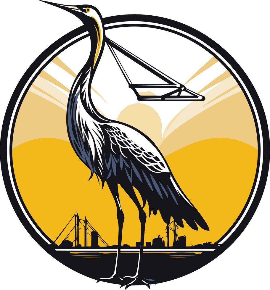 A stylized crane with a yellow sunset background and cityscape silhouette, perfect for branding or logo design vector