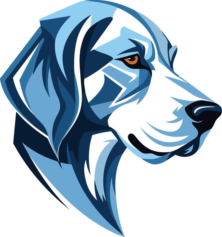 A stylized, blue, and white dog head illustration vector