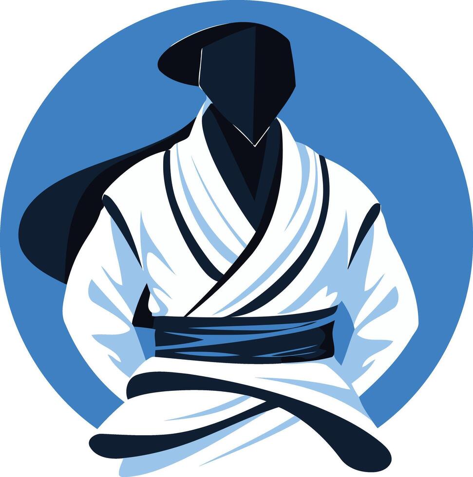 A minimalist, bold illustration of a martial artist in a white uniform, standing in a circular blue frame vector