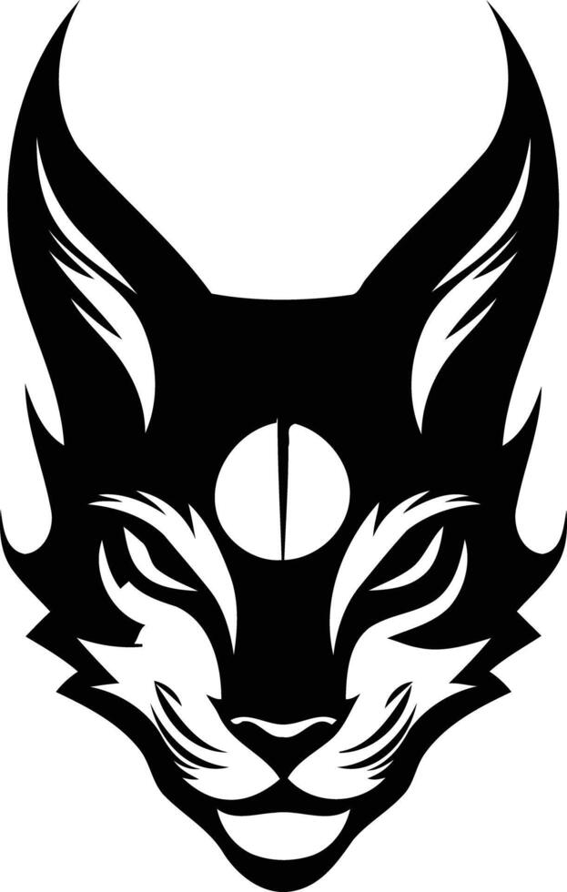 A bold, black and white illustration of a cat's head with a mystical third eye, perfect for tattoo designs, branding, or dark fantasy themes vector