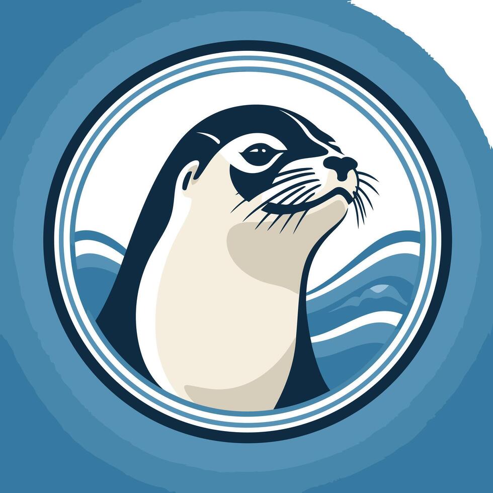 A friendly and playful seal peeks out from a blue circle, creating a charming and simple logo perfect for animal shelters, marine conservation organizations, or children's businesses vector