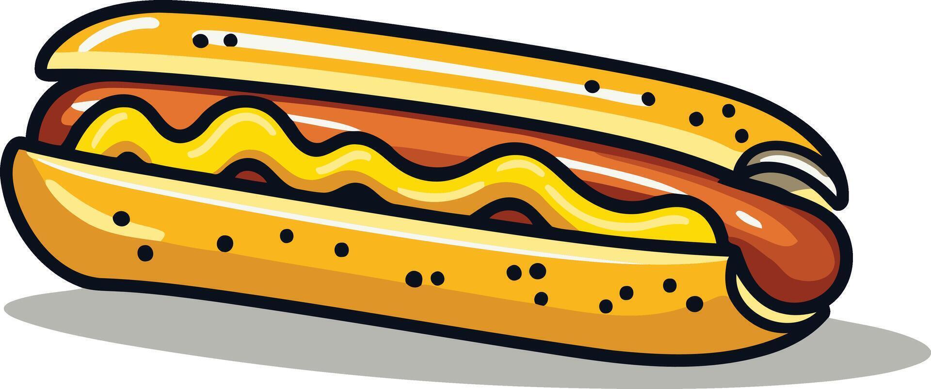 A cartoon illustration of a classic hot dog with mustard, perfect for menus, branding, and social media posts vector