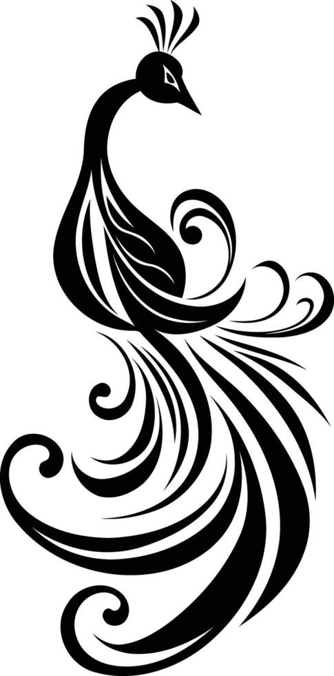 Elegant black and white peacock illustration perfect for tattoos, branding, or decorative design vector