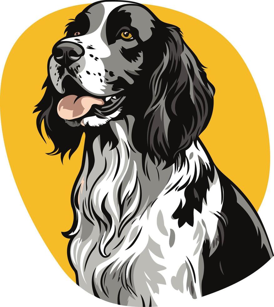 A friendly black and white springer spaniel with a playful expression, perfect for pet care, dog training, and canine themed designs vector