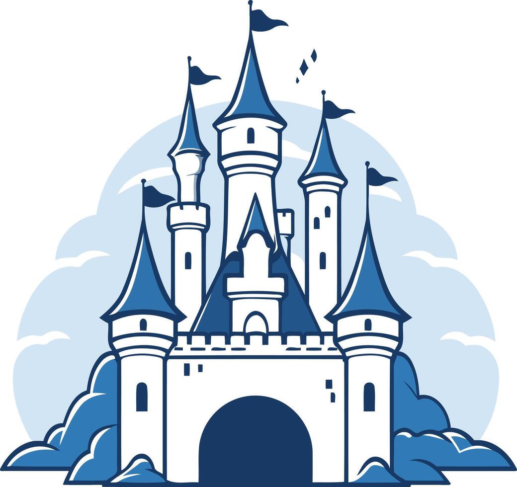 A charming, cartoon style illustration of a majestic castle with multiple towers and a grand entrance vector