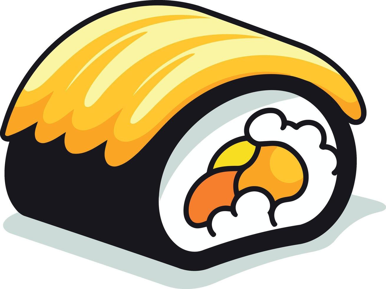 A cartoon illustration of a delicious looking sushi roll with a yellow topping vector