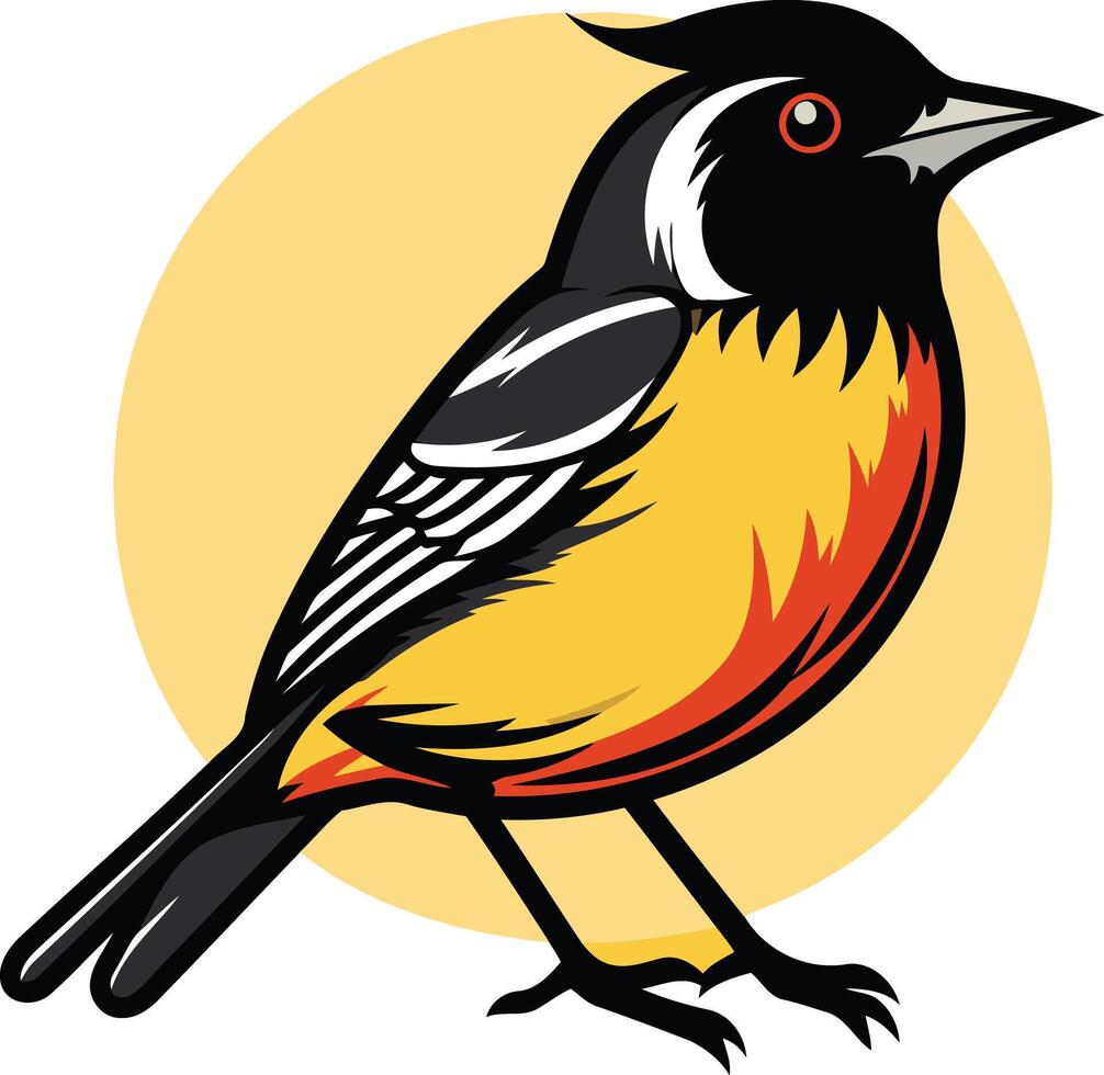 A vibrant illustration of a yellow and black bird with a sunburst behind it vector
