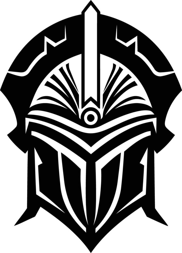 A bold and striking black and white illustration of a warrior's helmet, perfect for branding, gaming, or medieval themed projects vector
