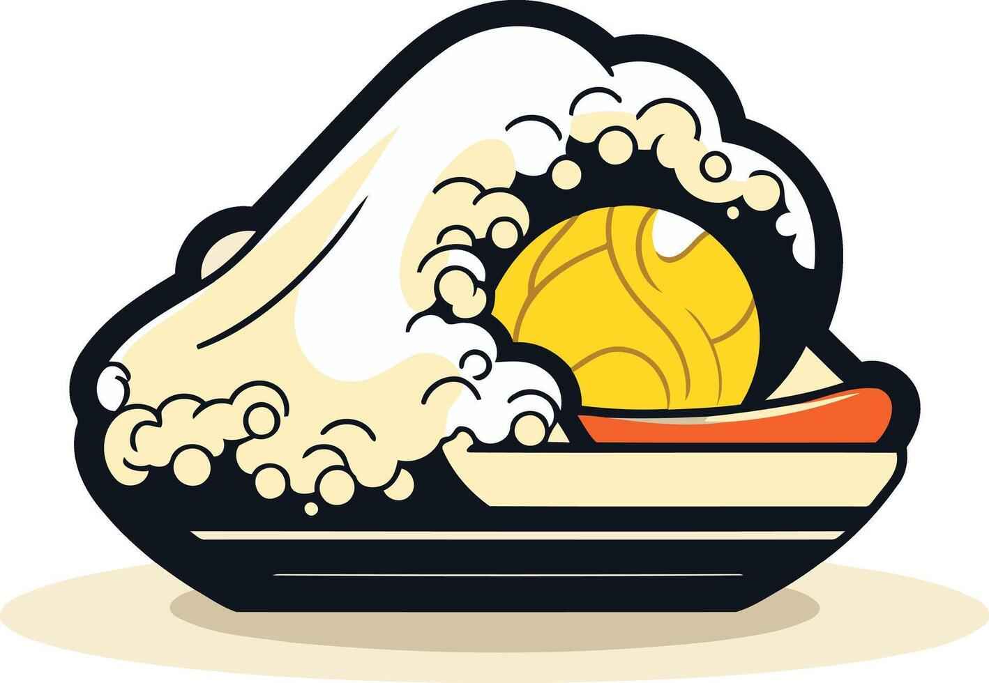 A playful, cartoon style illustration of a wave crashing over a yellow orb vector