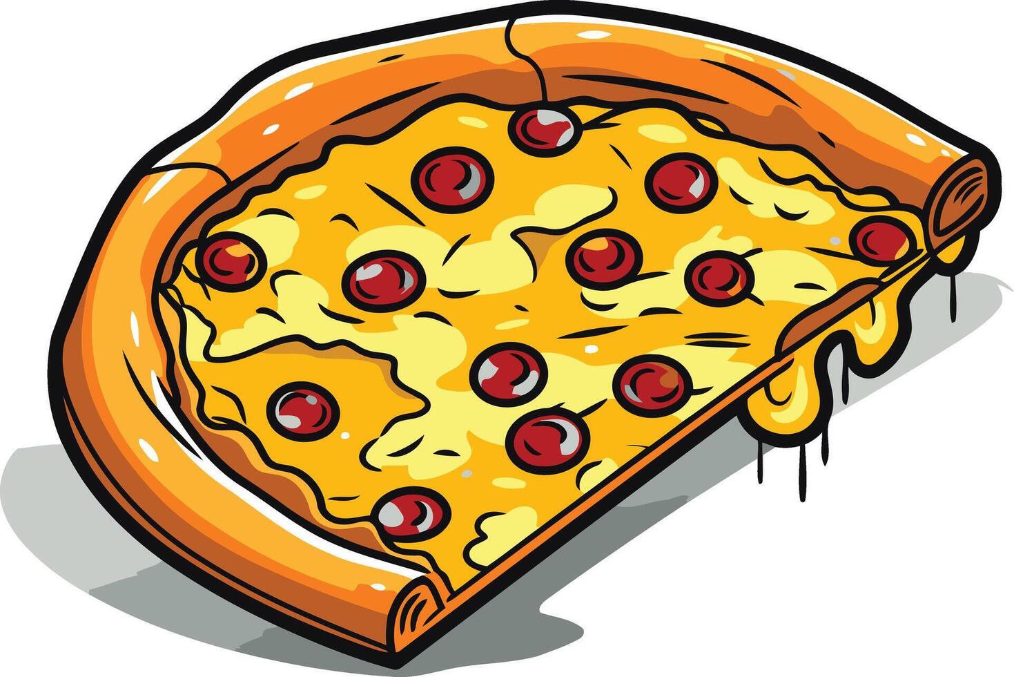 A delicious cartoon pizza slice with melted cheese and pepperoni, perfect for branding, food blogs, or social media vector