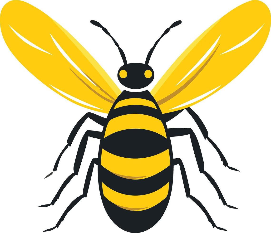 A simple, cartoon style illustration of a bee with yellow and black stripes and wings vector