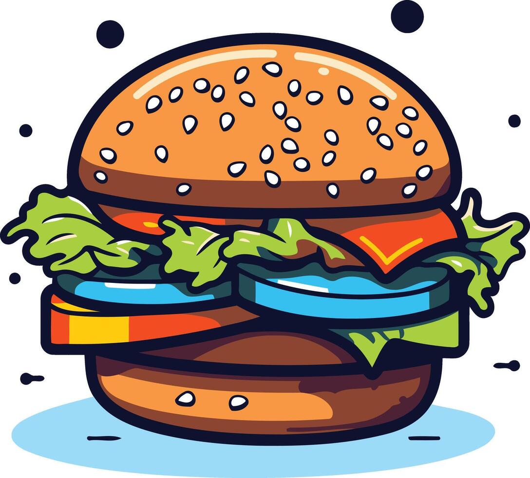 A colorful cartoon illustration of a juicy hamburger, perfect for menus, food blogs, and social media posts vector