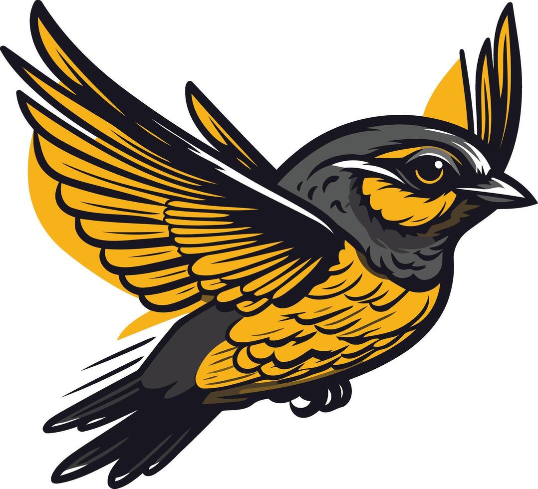 A vibrant, cartoon style illustration of a yellow and black bird in mid flight, perfect for logo design, branding, or mascot concepts vector