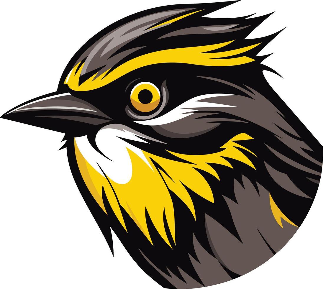 A striking, illustration of a bird's head, featuring bold black and yellow colors vector