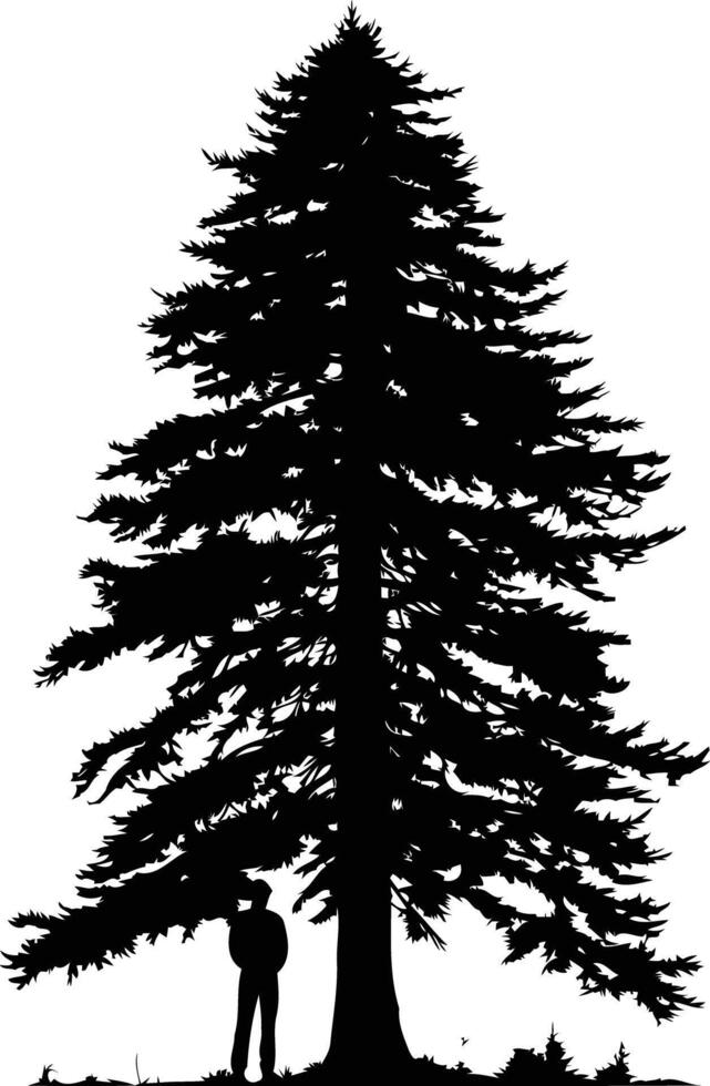 A solitary figure stands before a majestic evergreen tree, captured in a dramatic silhouette vector