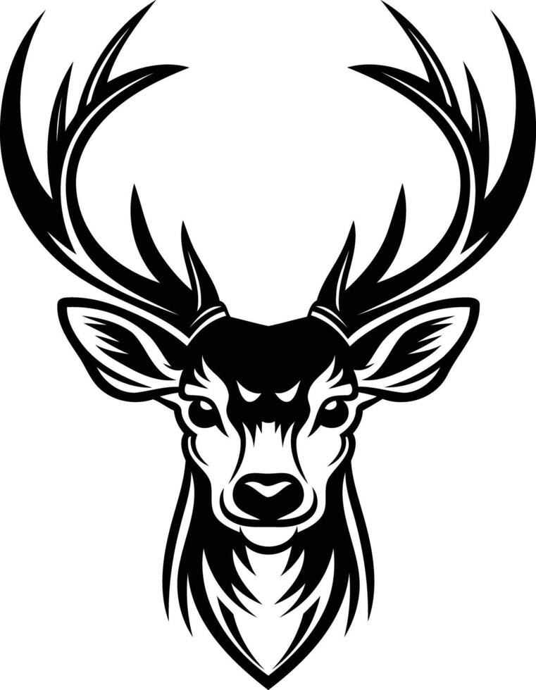 A bold, black and white illustration of a stag's head, featuring detailed antlers and a fierce expression vector