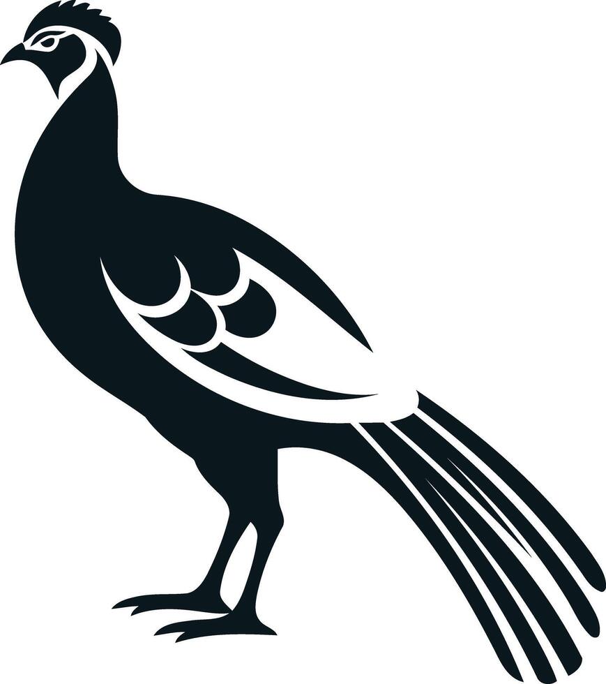 Stylized black and white silhouette of a pheasant with a long tail, perfect for logos, branding, and nature themed designs vector