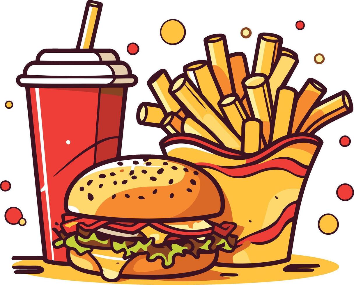 A cheerful cartoon illustration of a classic burger, fries, and soda, perfect for menus, social media, or any fast food branding vector