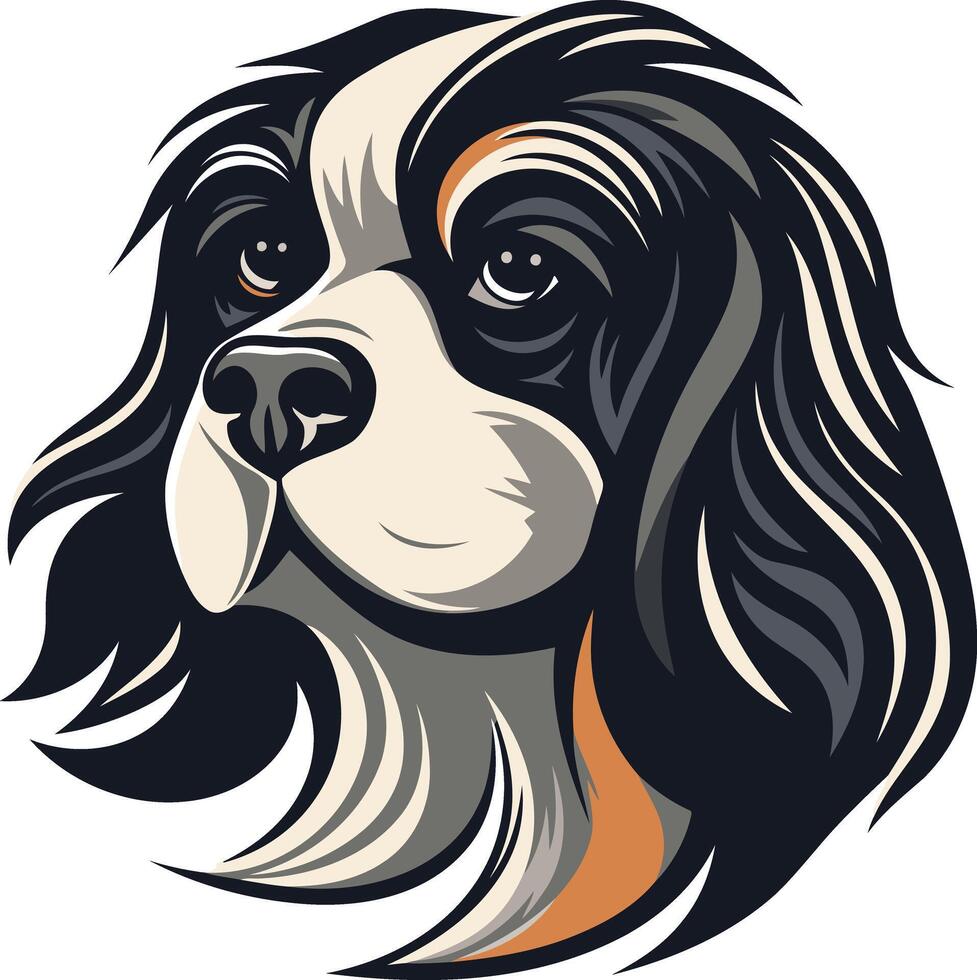 A bold and graphic illustration of a cavalier king charles spaniel with a stylized, almost cartoon like, look vector