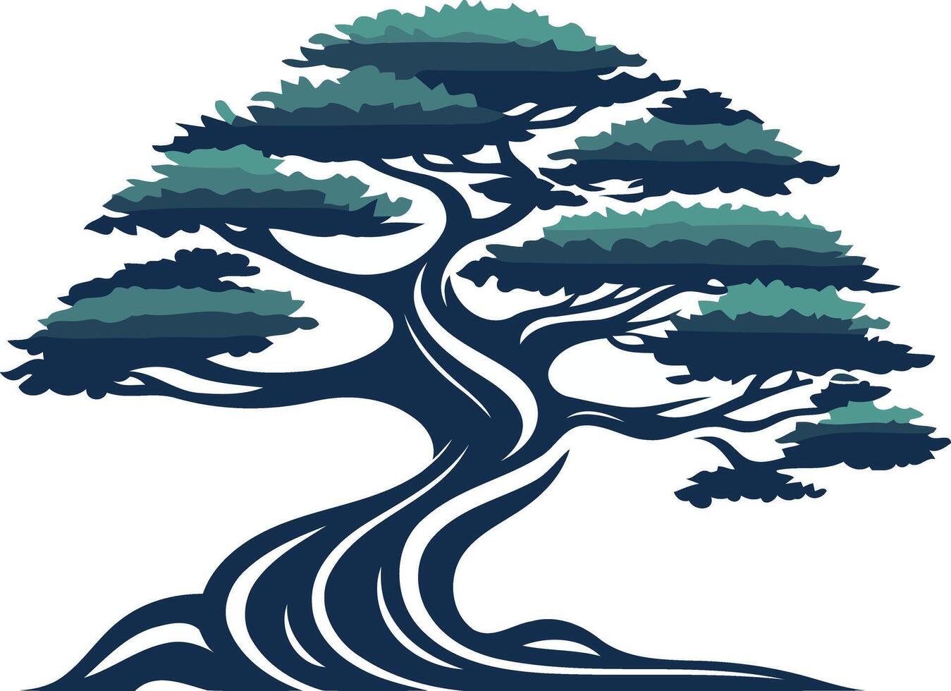 A stylized illustration of a bonsai tree with blue green foliage and a dark blue trunk, ideal for logo designs vector
