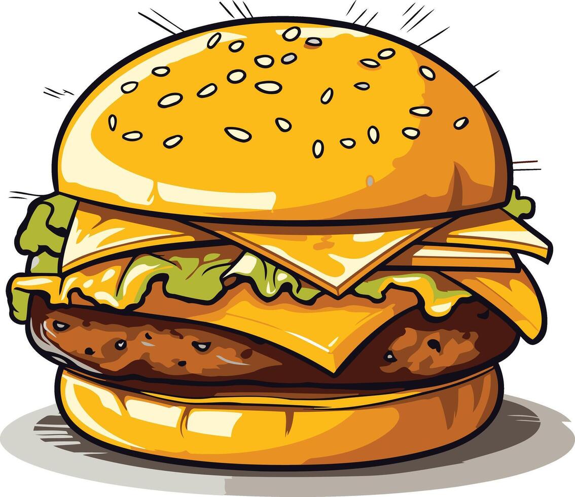 A delicious, cartoon style burger with cheese, lettuce, and a sesame seed bun vector