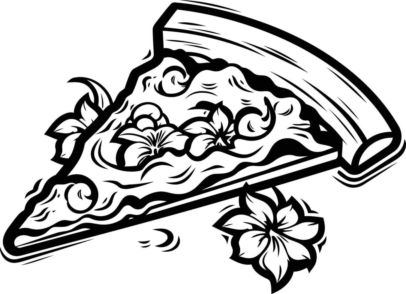 A bold, black and white illustration of a pizza slice with a decorative floral design vector