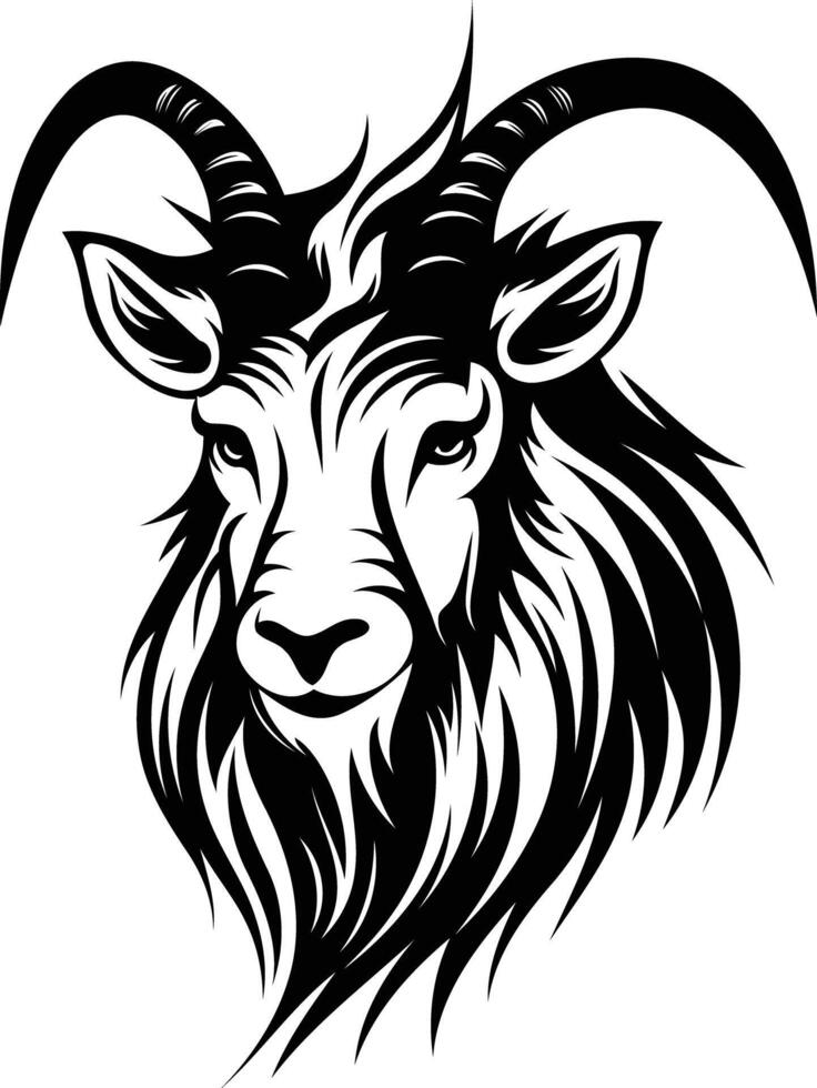 Black and white illustration of a goat head in a tribal style, perfect for tattoos, logo design, or any project that needs a strong, powerful animal image vector