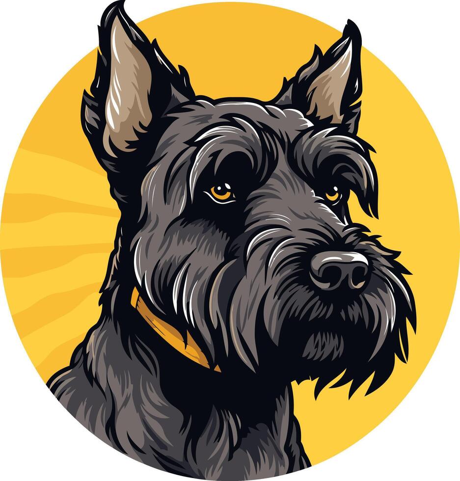 A close up illustration of a black schnauzer's head, featuring a detailed portrait with a yellow collar vector