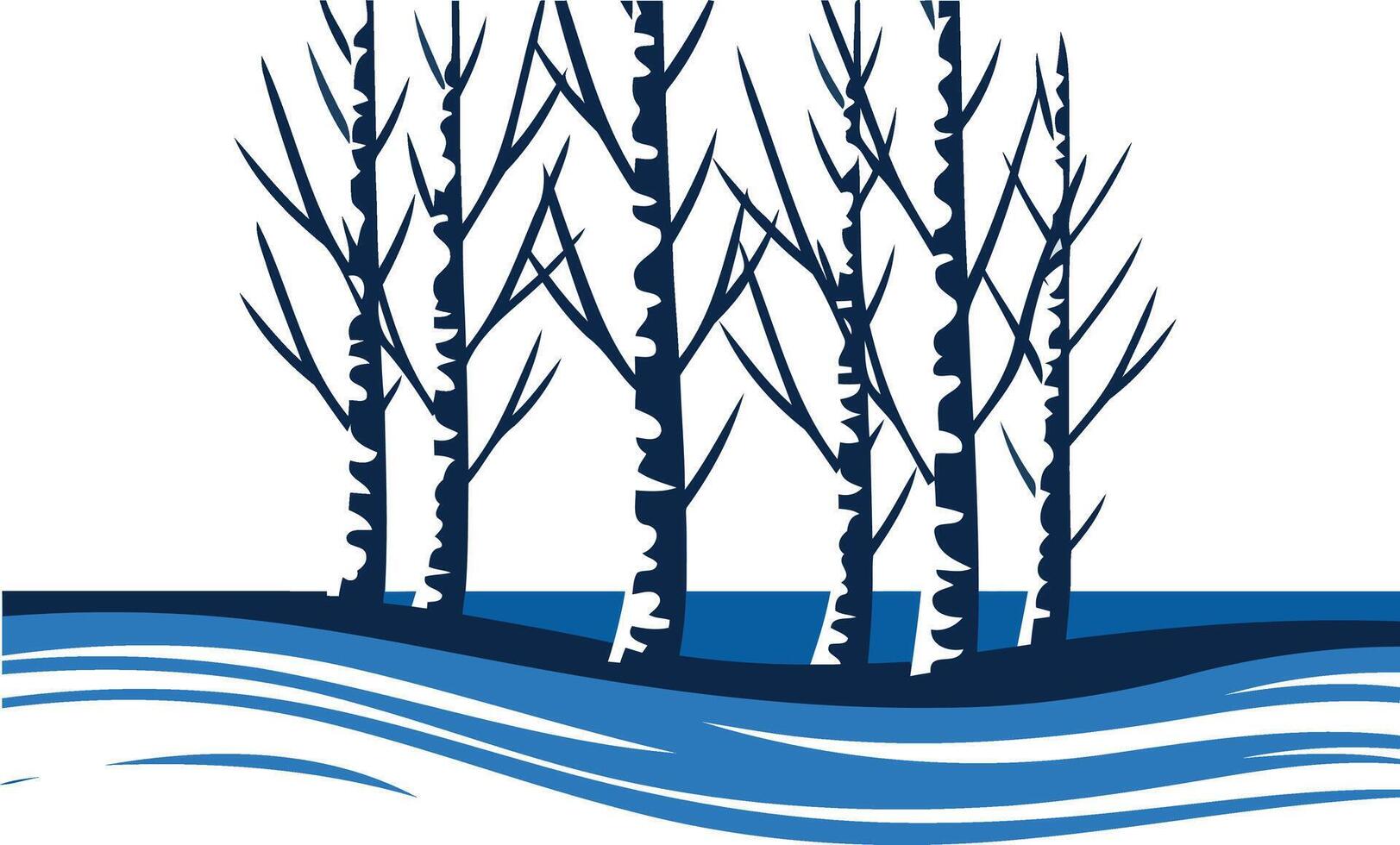 Simple, minimalist silhouette of trees with blue water flowing in the foreground, perfect for nature, environmental, or conservation themed designs vector