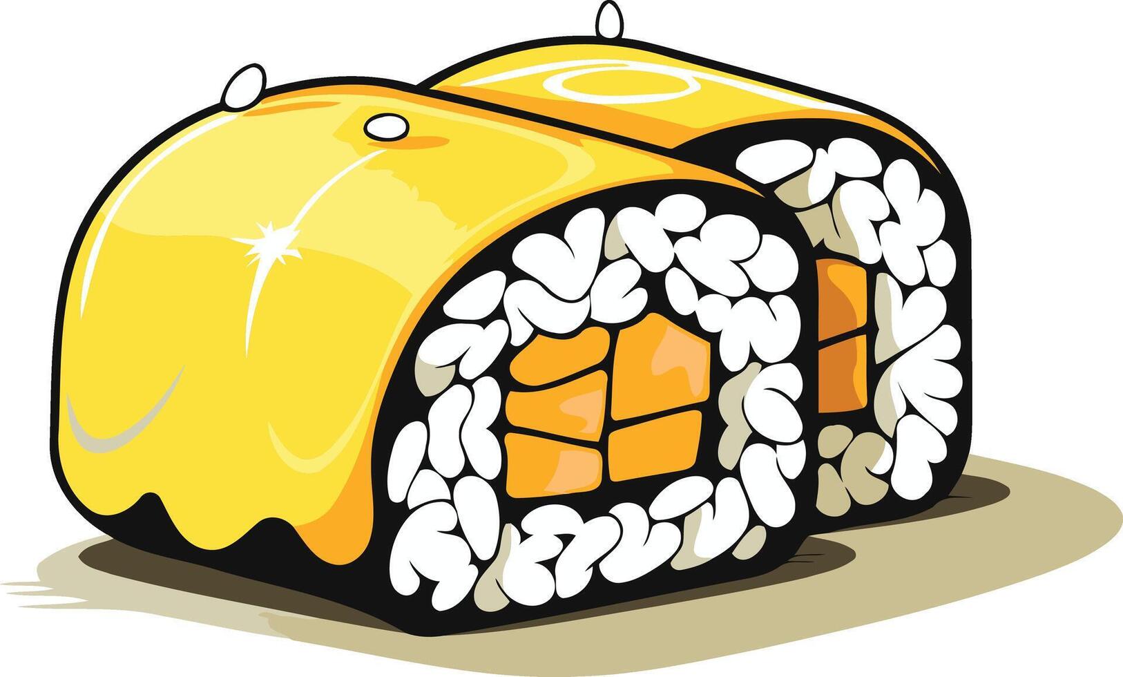 Cartoon style illustration of a delicious sushi roll with a yellow outer layer vector