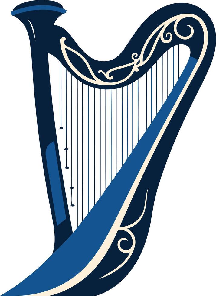A stylized blue harp with intricate design details, perfect for music related projects, branding, or website design vector