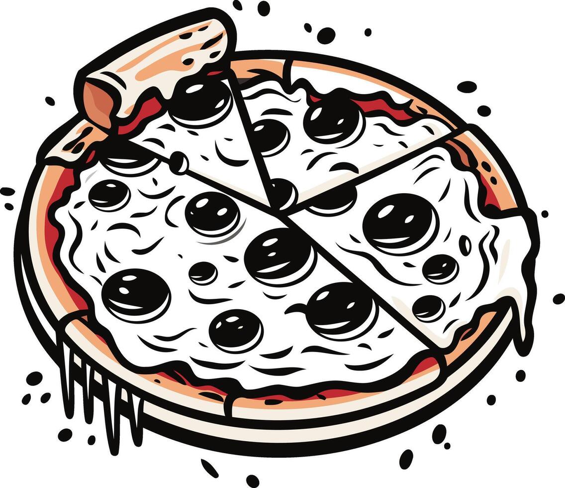 A delicious hand drawn cartoon illustration of a pepperoni pizza, perfect for your food blog, recipe website, or restaurant menu vector