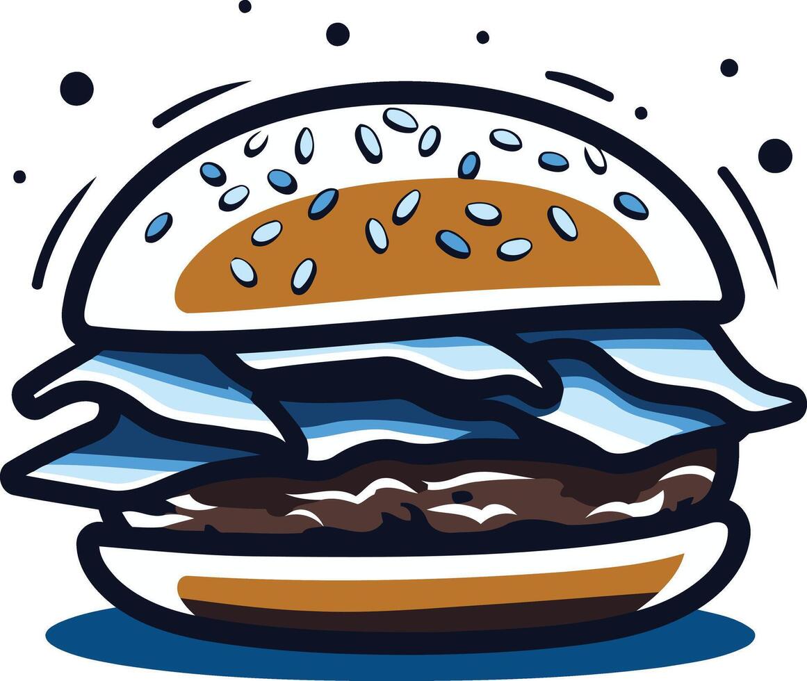 A cartoon style illustration of a delicious burger with sesame seeds and a wavy lettuce topping vector
