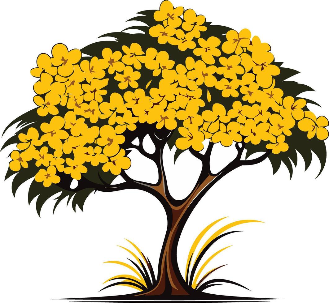 A beautiful illustration of a tree with yellow flowers and green foliage, perfect for nature themed designs, spring decorations, and eco friendly branding vector