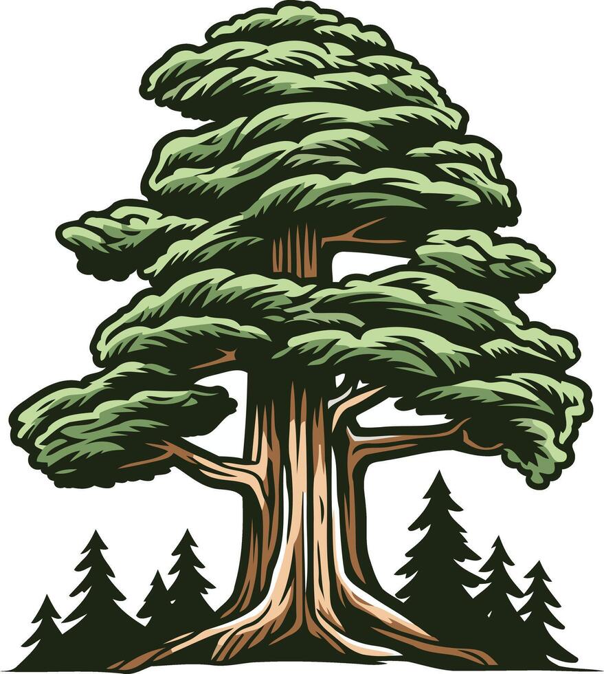 A majestic illustration of a large, green tree with thick branches and a gnarled trunk vector