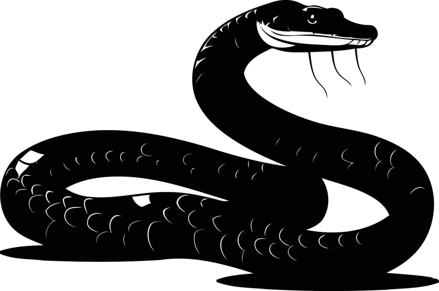 A striking black and white silhouette of a snake, coiled with its head raised vector