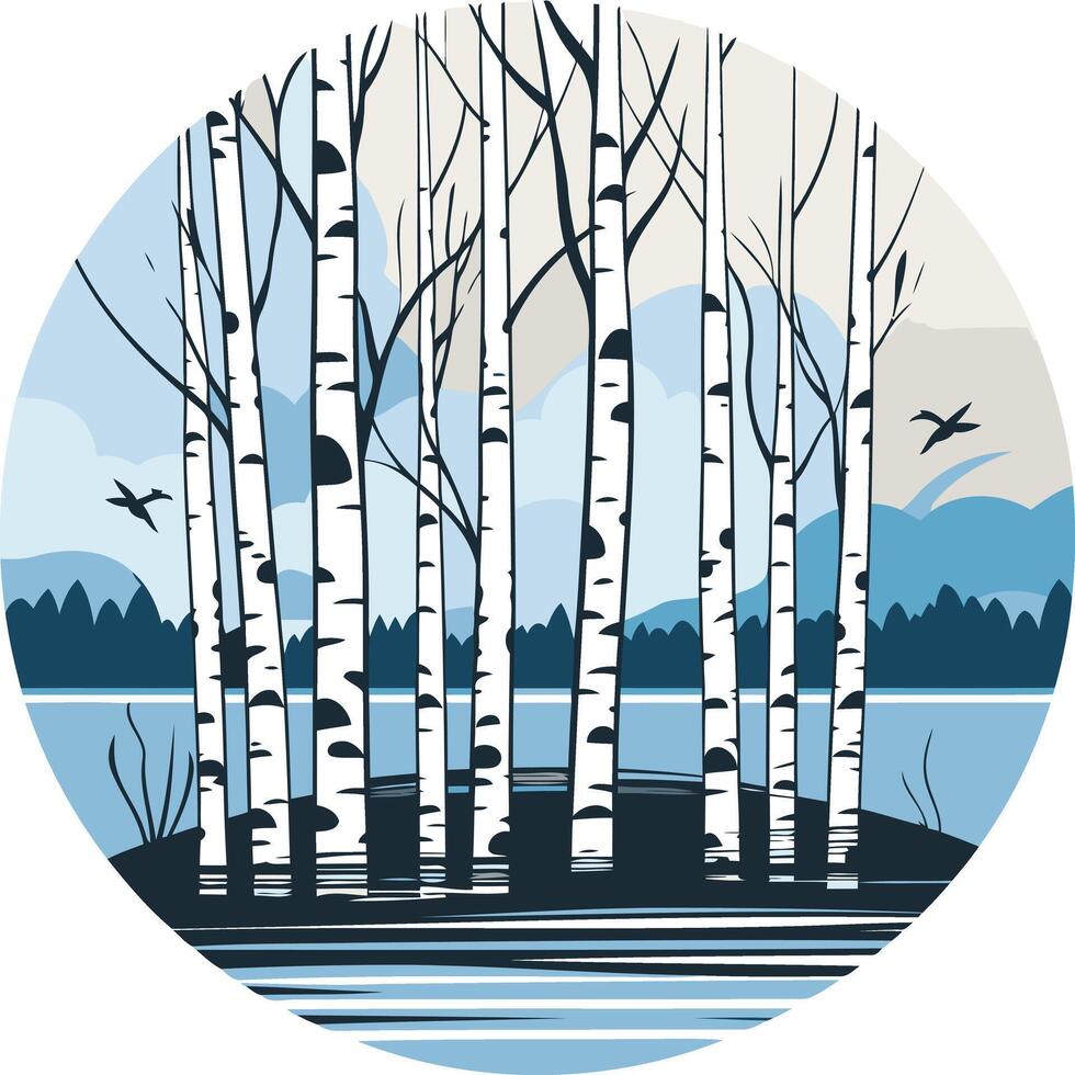 A minimalist illustration of a birch tree forest reflected in a still lake, featuring a blue and white color scheme vector