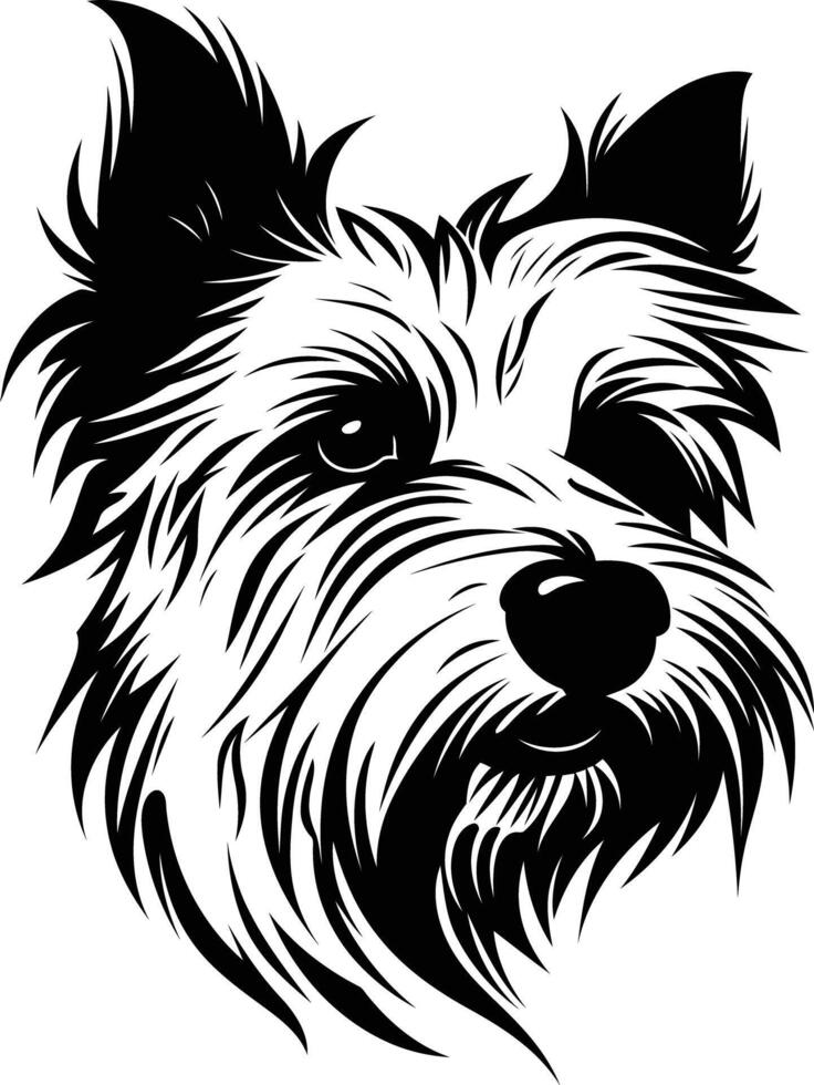 A striking black and white illustration of a yorkshire terrier's head vector