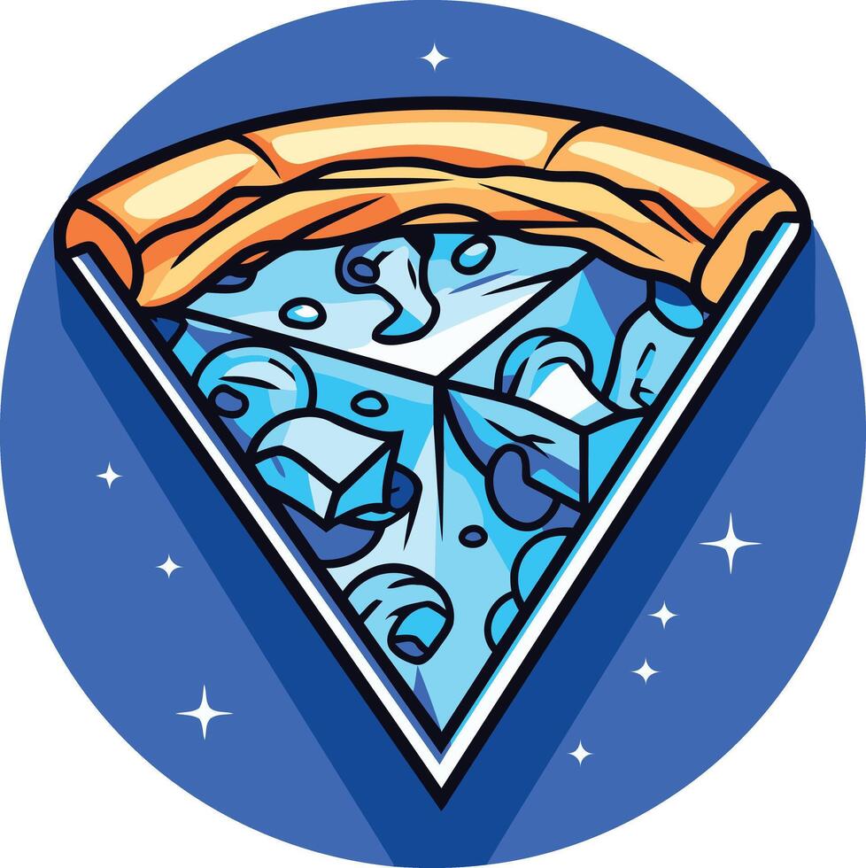 A vibrant, cartoon style illustration of a slice of pizza with blue cheese vector