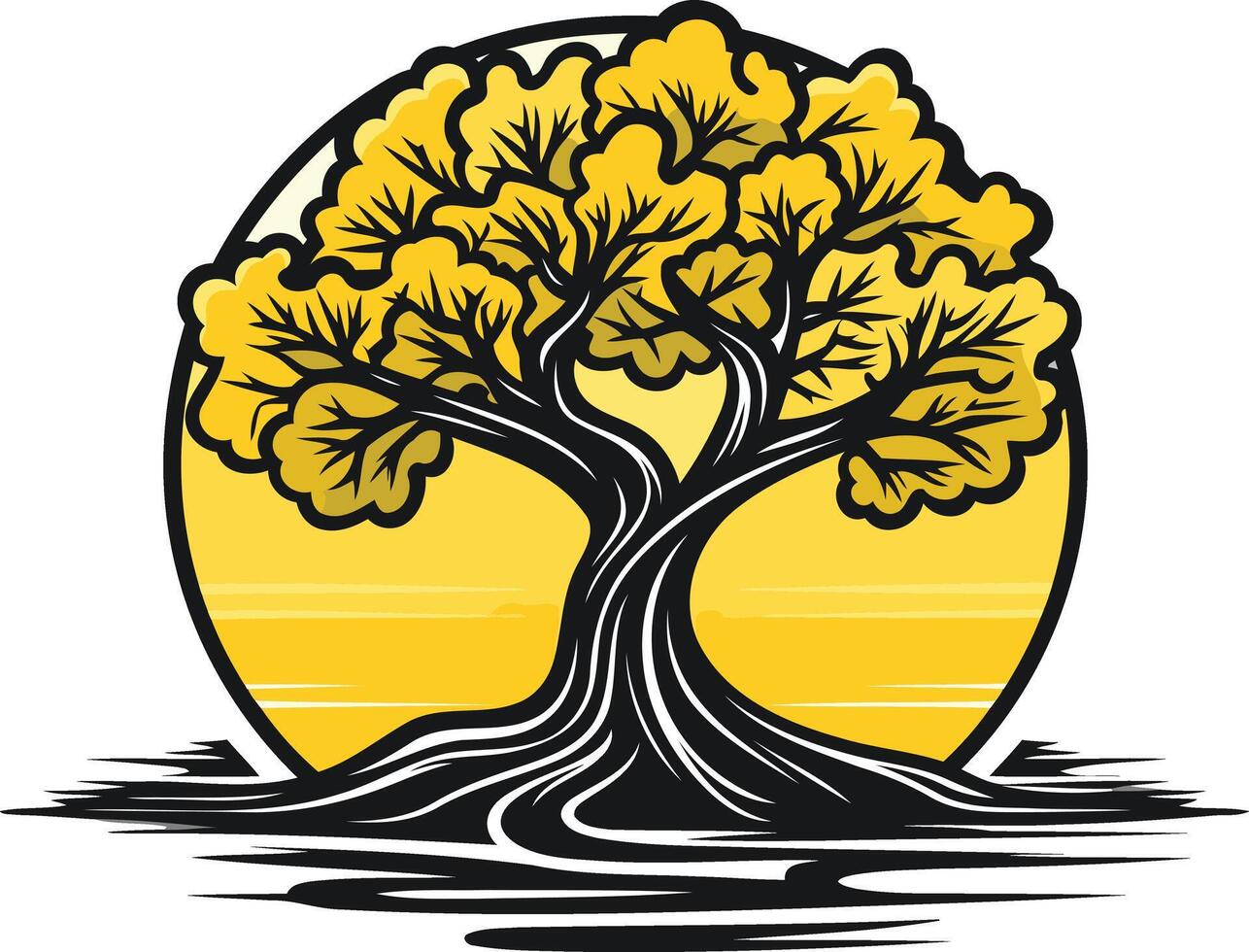 A stylized tree with a thick trunk and sprawling branches, set against a yellow sun vector