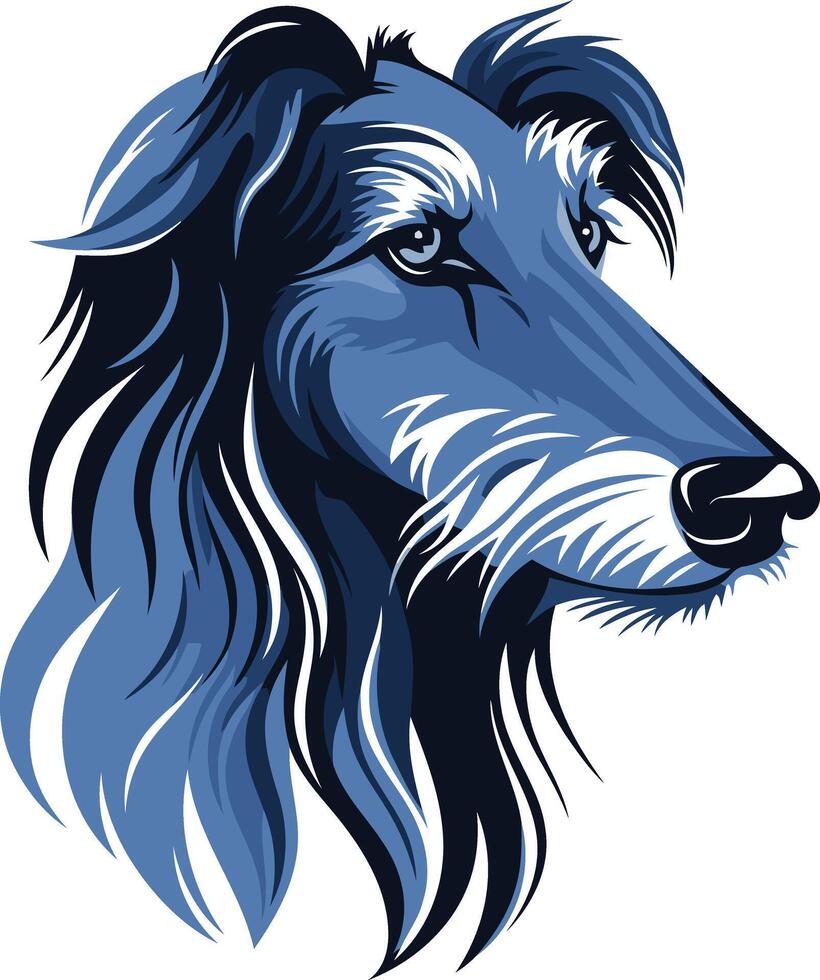 A striking illustration of a dog's head, rendered in bold blue hues vector