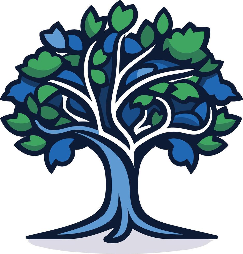 A stylized tree with green leaves and blue branches, perfect for representing growth, nature, and sustainability vector