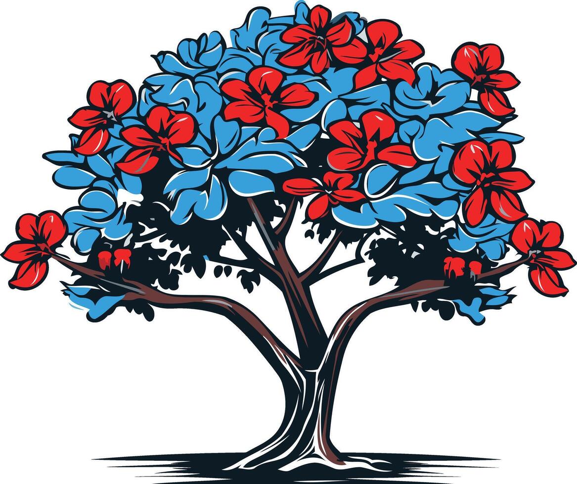 Vibrant cartoon illustration of a tree with blue leaves and red flowers, perfect for nature, spring, or growth concepts vector