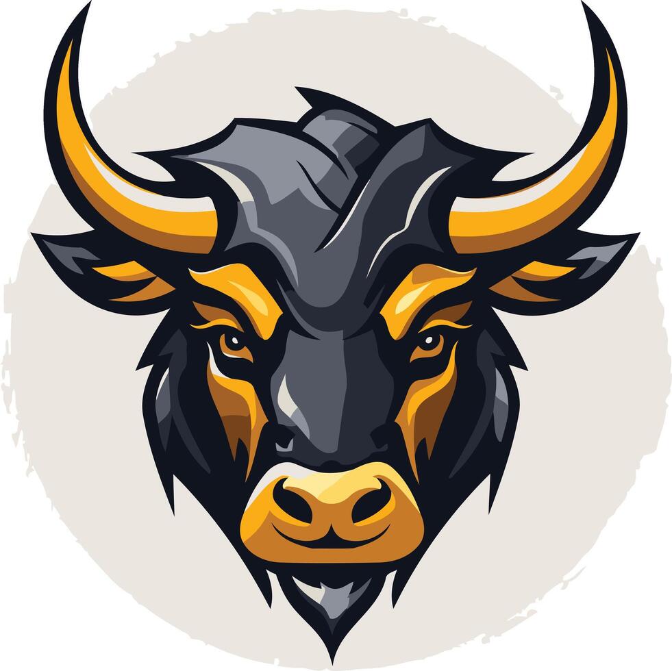 Powerful and aggressive bull head logo with sharp horns and intense eyes, perfect for a sports team, brand, or financial company vector