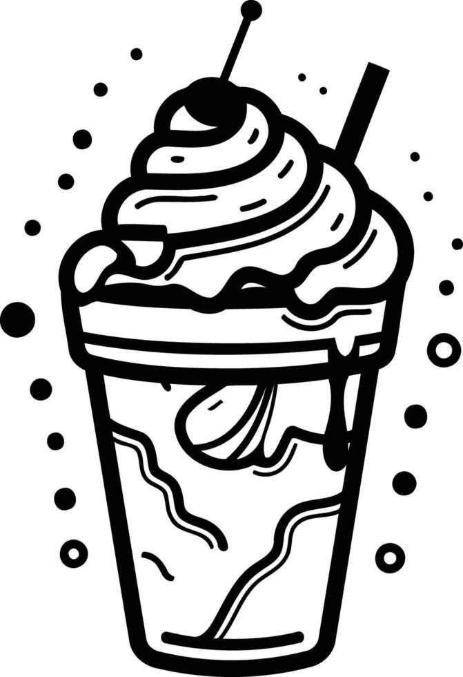 Black and white line art illustration of a milkshake with a cherry and straw vector