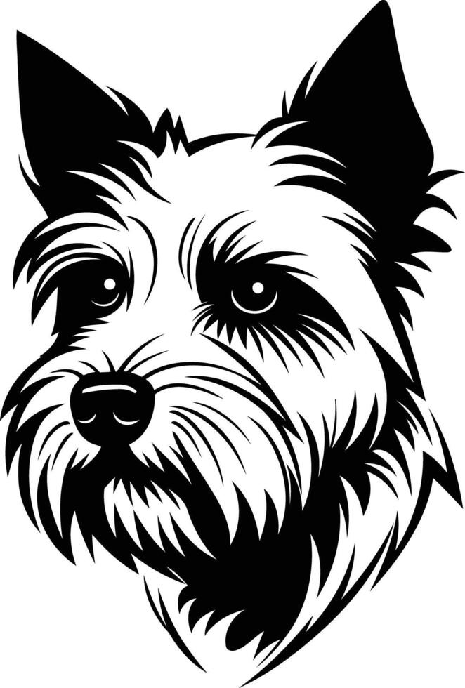 A striking black and white illustration of a cairn terrier's head, with a bold and expressive look vector