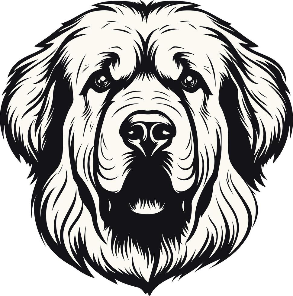 A detailed black and white illustration of a large dog's head, perfect for logo design or branding vector