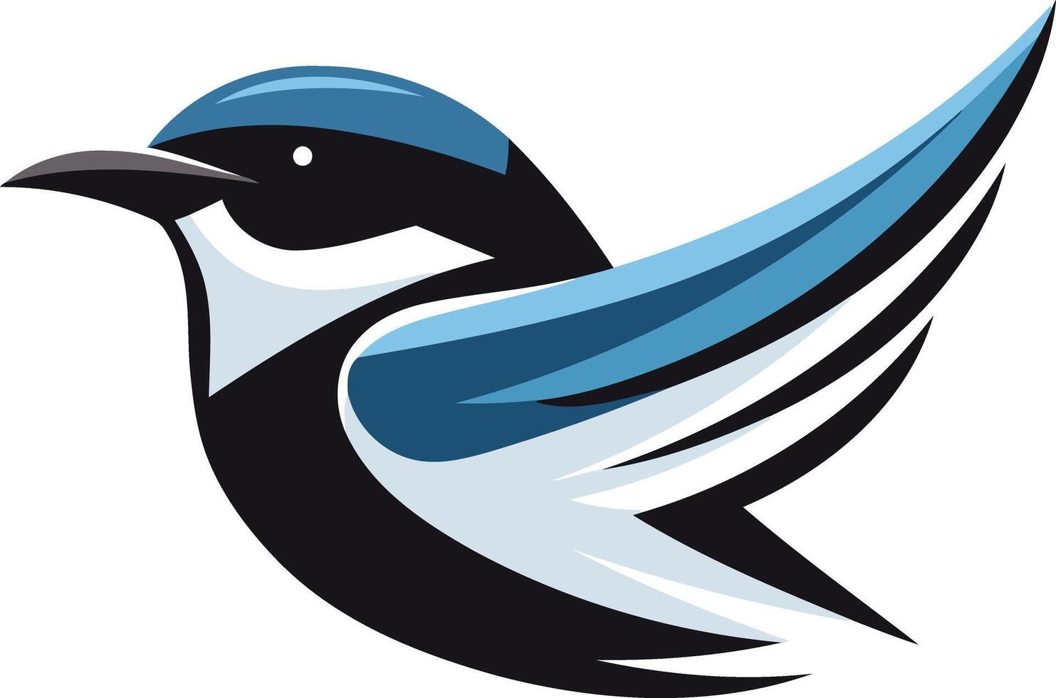 Bold, abstract bird logo design in blue, black, and white vector