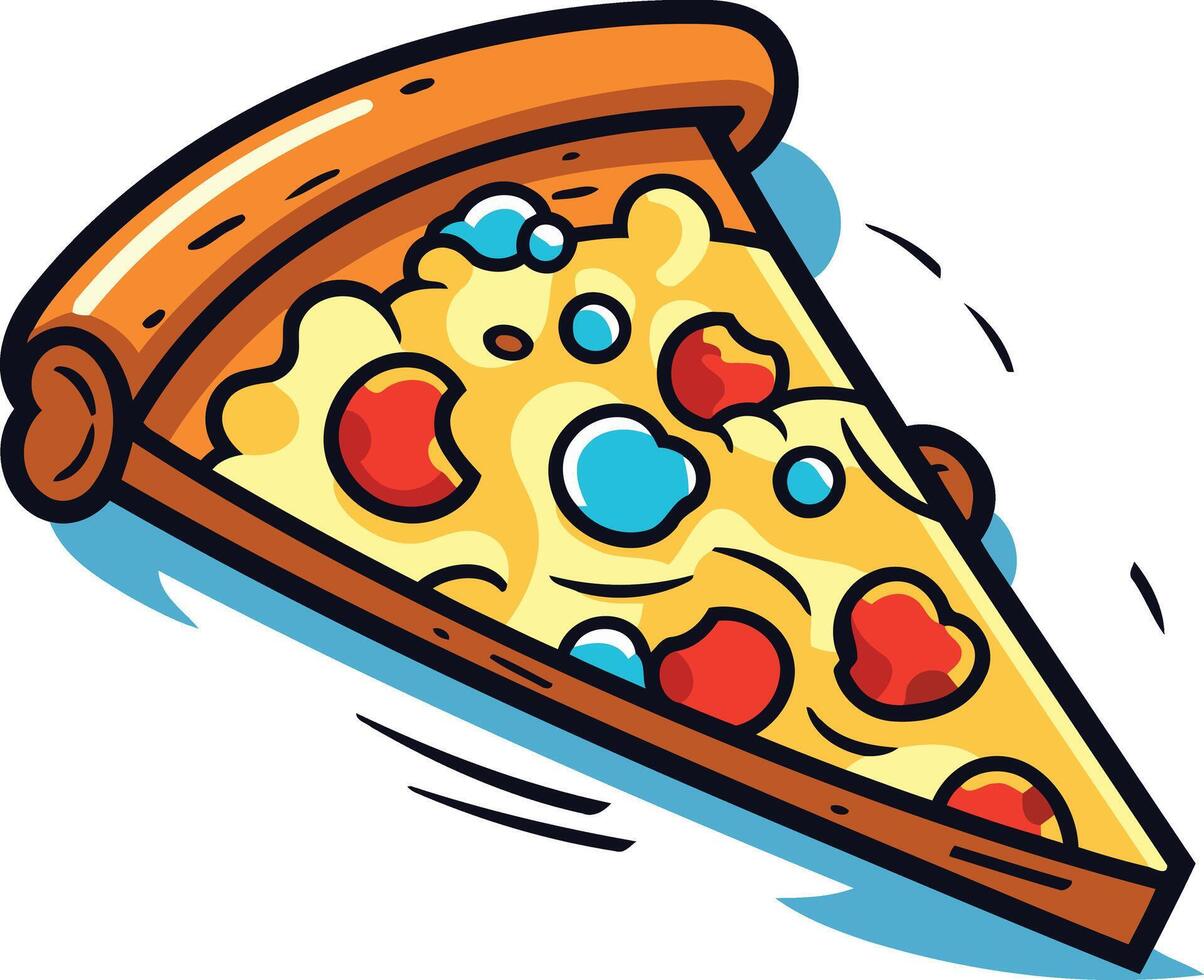 A cartoon illustration of a delicious pizza slice, flying through the air, perfect for your food themed designs, social media posts, or menus vector