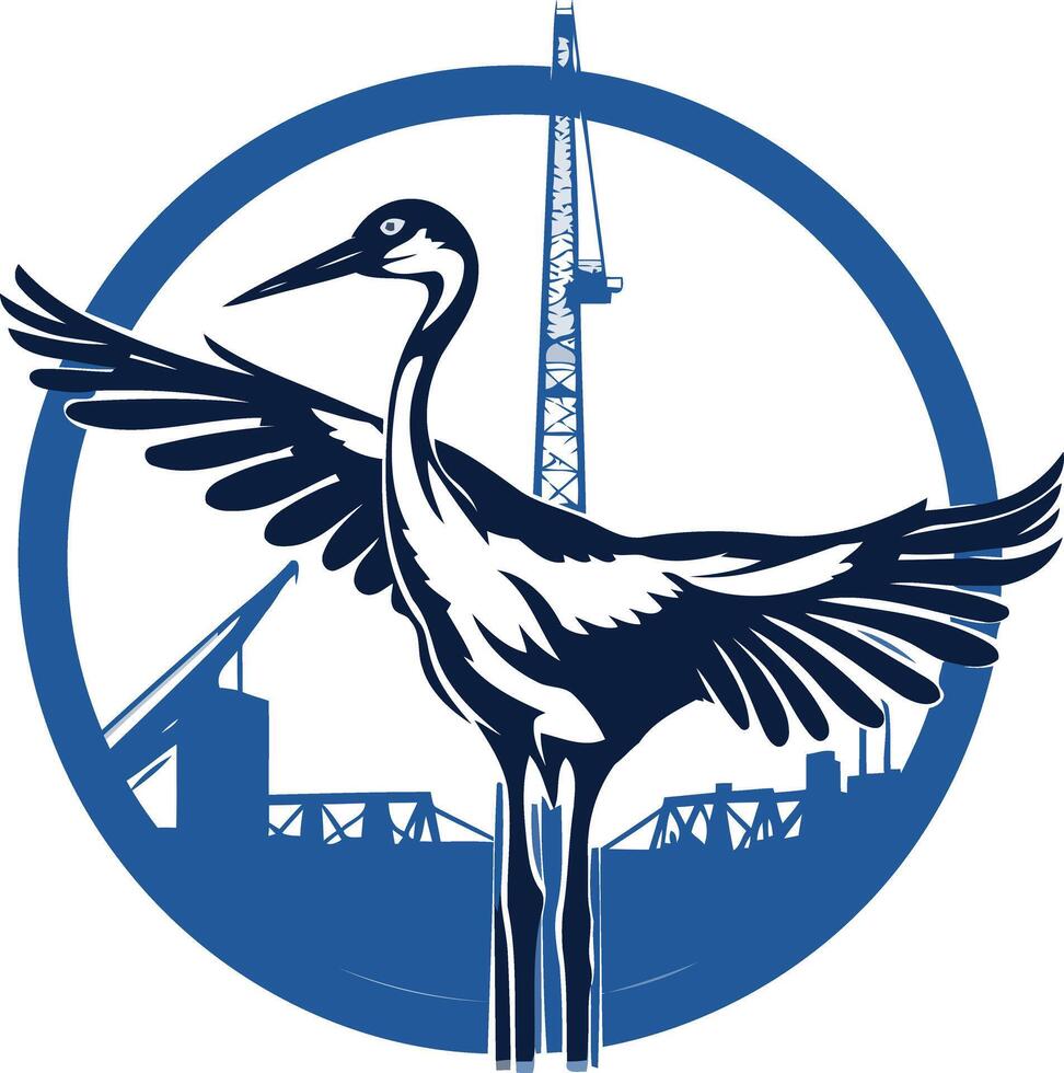 A bold, blue crane silhouette stands within a circular frame, its wings spread wide vector
